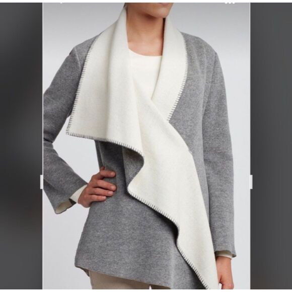 Per Se By Carlisle Wool Grey/Cream wrap cardigan, Size 0 - Picture 2 of 7
